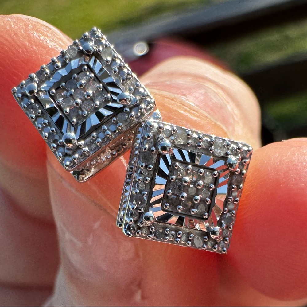 Sterling Silver 925 Diamond Cluster Halo Stud Earrings Square Pave